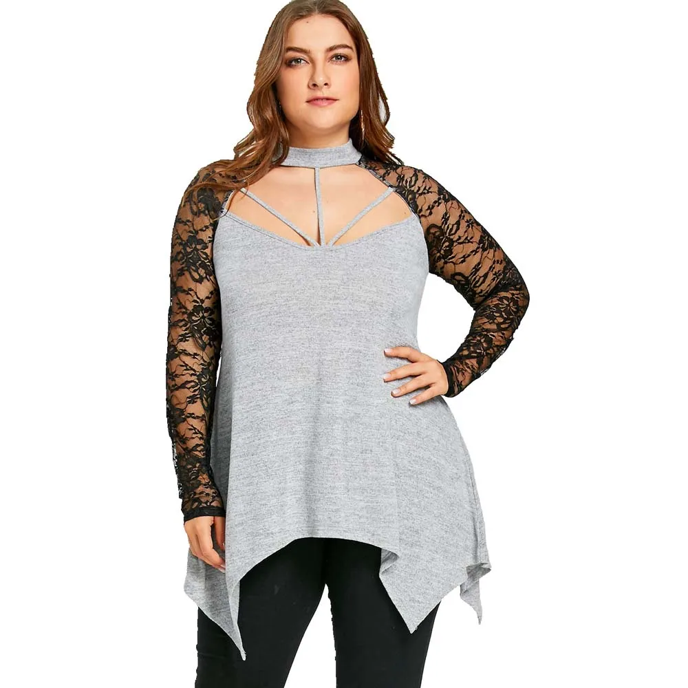2018 готические 5xl плюс Размеры пикантные Кружево trim Cut Out блузка Для женщин рукавом