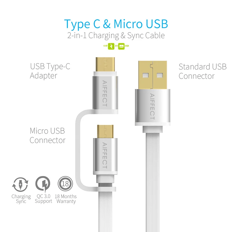 AIFFECT 3 Pack 2 in 1 USB Type C Cable Micro 1M For Phone Tablet Camera Fast Charge Support for QC3.0/2.0 | Мобильные телефоны и