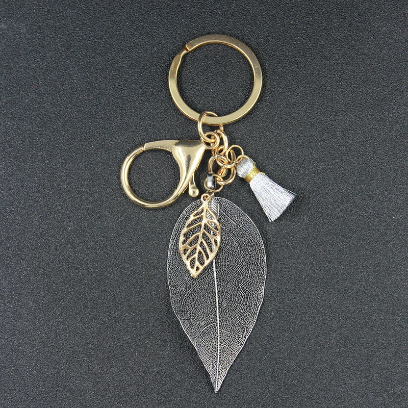 

1 pc New Arrival Real Leaf and Tassel Key Buckle Key Ring Golden Key Chain Bag Charm KC001