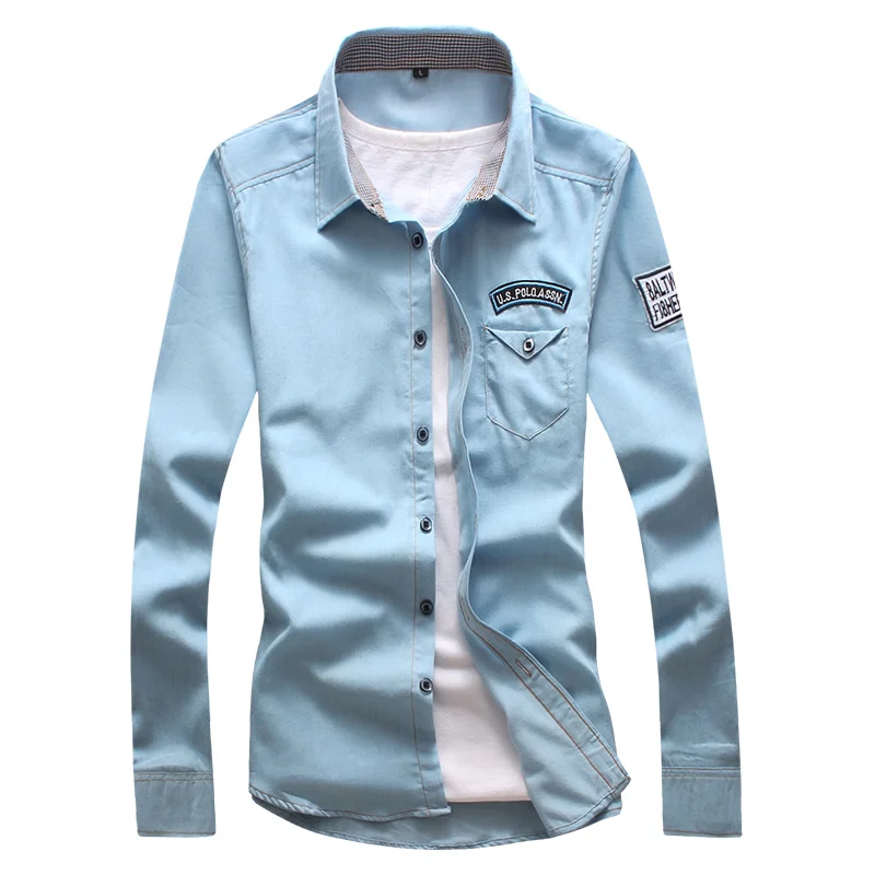 2019 Spring and Autumn Fashion New Men's Casual Boutique Denim Long Sleeve Shirt / Slim Cotton Washed | Мужская одежда