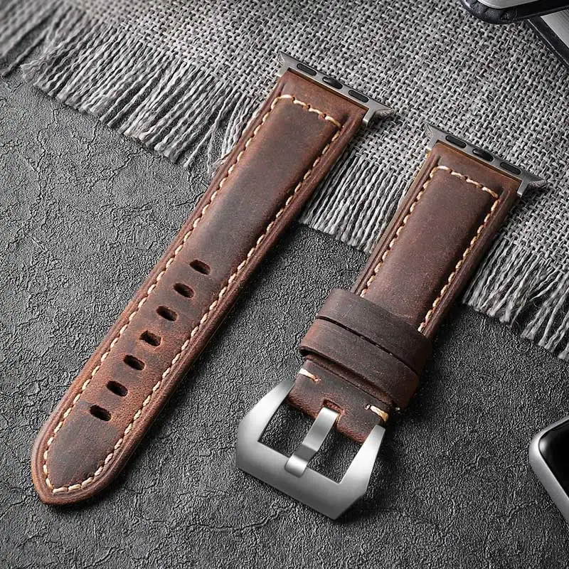 Silver-brown Кутить ручной работы с ума из воловьей кожи ремешок для наручных часов, ремешок для Apple Watch, 42 мм, 38 мм, версия серии 4/3/2/1 кожаный спортивный ремешок для наручных часов iWatch, 44 мм 40 мм - Цвет ремешка: Silver-brown