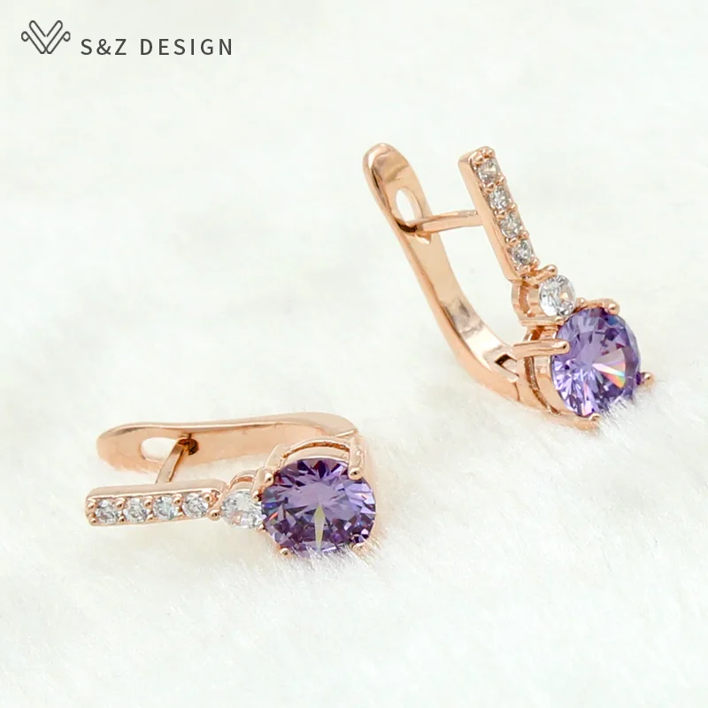 

S&Z Round Micro Wax Inlay Cubic Zirconia Dangle Earrings 585 Rose Gold For Japan/South Korea Women Girl's Luxury Party Jewelry