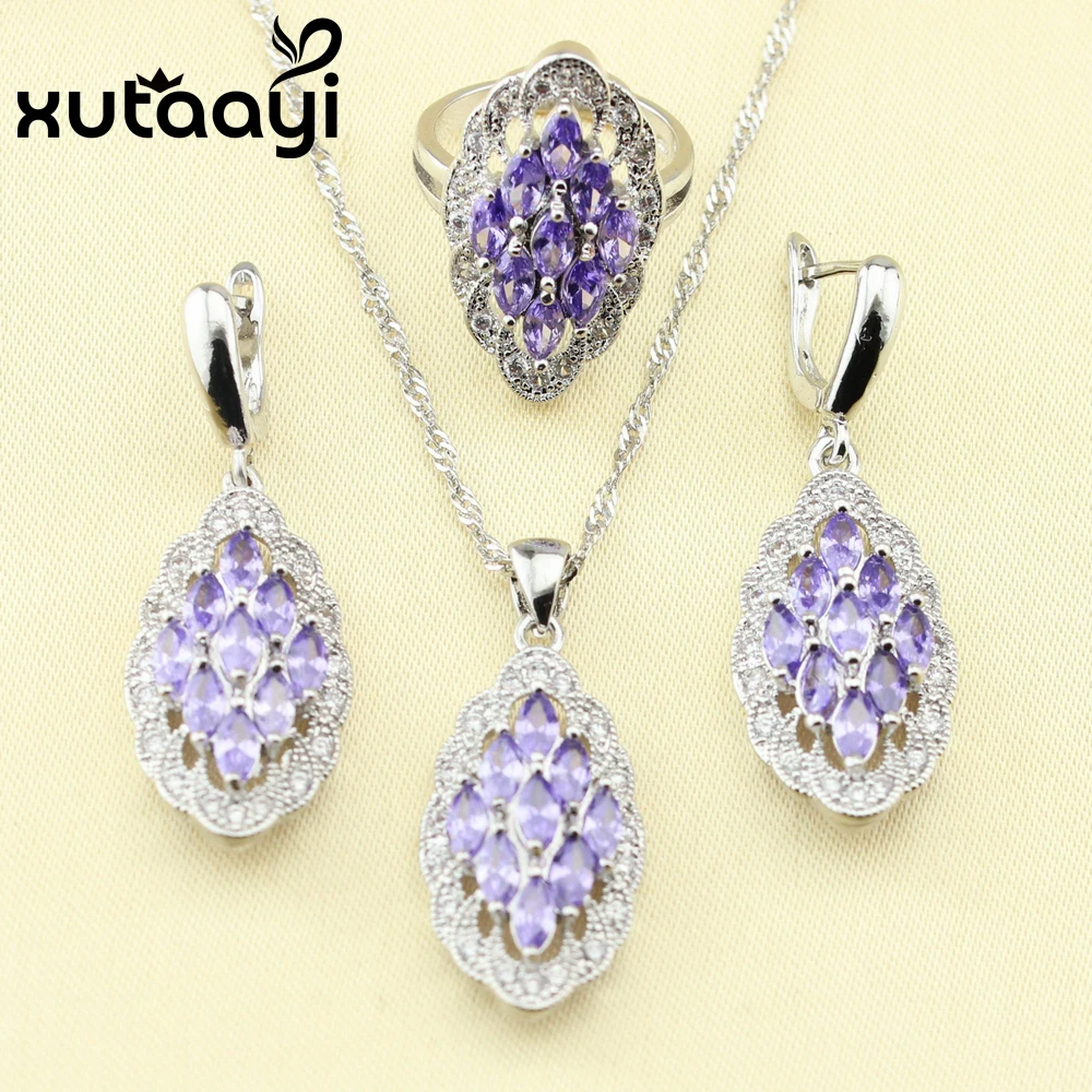 XUTAATI набор ювелирных изделий из серебра 4 шт. серьги с фиолетовым цирконием кольцо