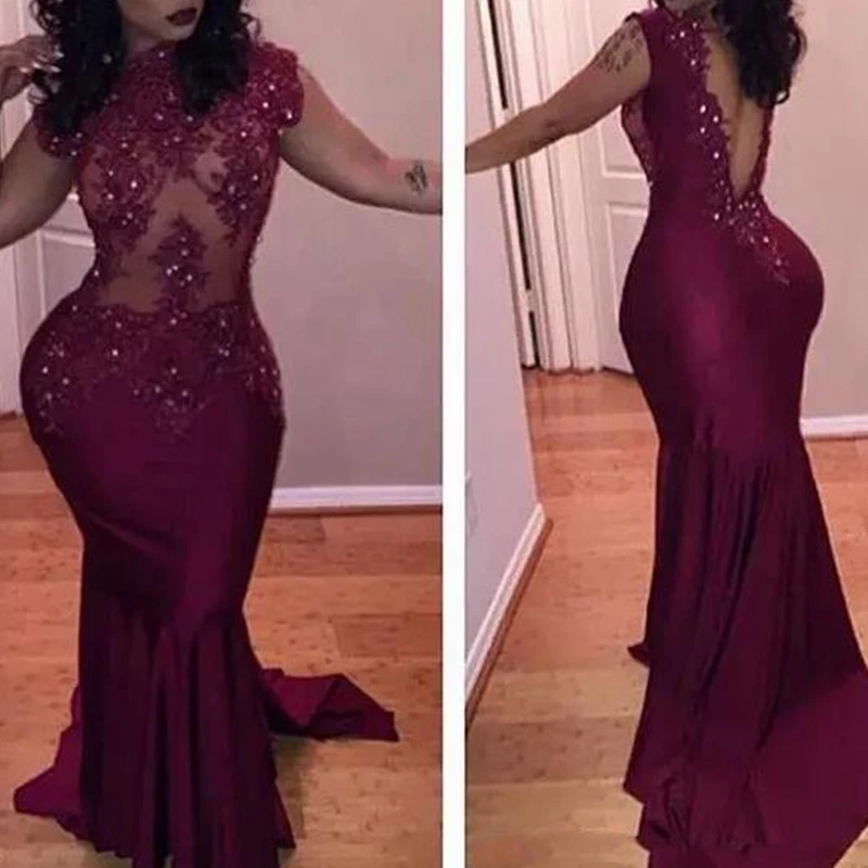 2021 Lace Appliques Beaded Prom Dresses Capped Sleeves Sexy Backless Mermaid Burgundy Long Evening Gowns Sweep Train | Свадьбы и
