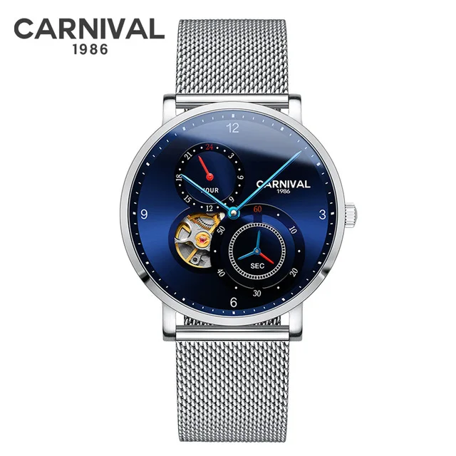 

Carnival Men Fashion Business Hollow Out Dial Steel Watchband 3Bar Waterproof Concept Dial Automatic Self-Wind Mechanical Watch