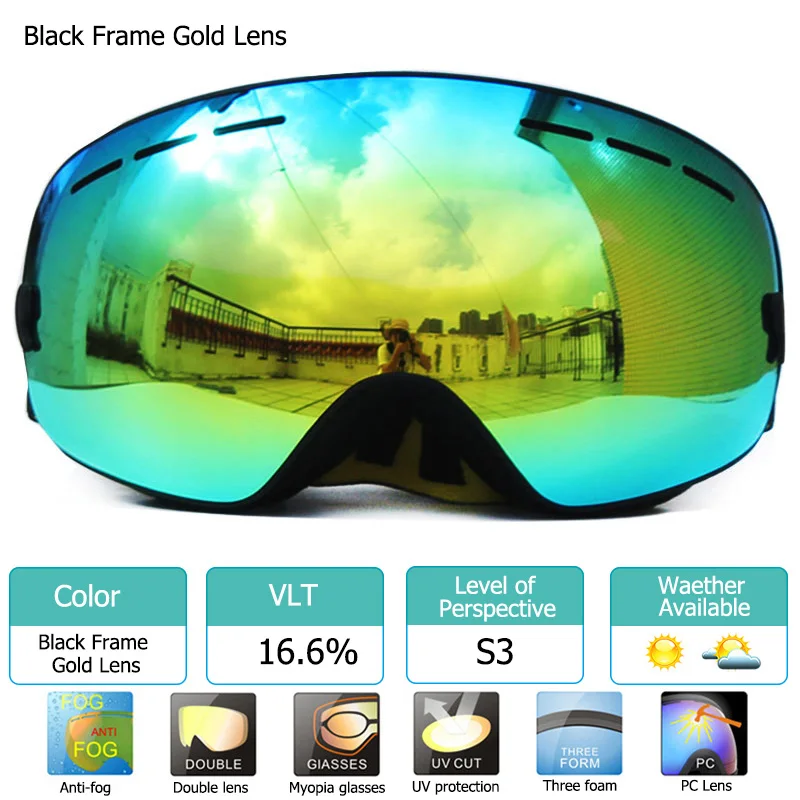Black Yellow UV400 Анти-туман двухслойные лыжные очки большие линзы Лыжная маска очки лыжный снег сноуборд очки зеркальные поляризационные очки для мужчин - Цвет: Black Yellow