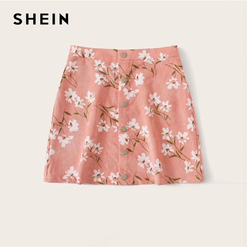 SHEIN юбка с цветочным принтом и пуговицами спереди, Boho, трапециевидная Осенняя Бархатная мини-юбка средней посадки, розовая женская простая короткая юбка