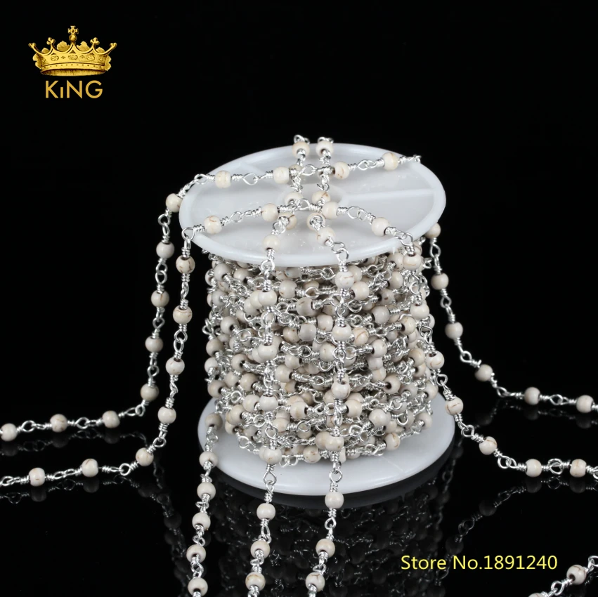 

5meters/lot 4mm White Turquoises Howlite Chain Plated Silver Copper Links Round Loose Beads Rosary Chains Jewelry Findings ZJ190