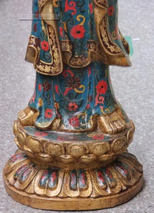 

Free shipping S03365 47 Tibet Bronze Copper Cloisonne Kwan-yin Guanyin Buddha Hold Vase Bottle Statue