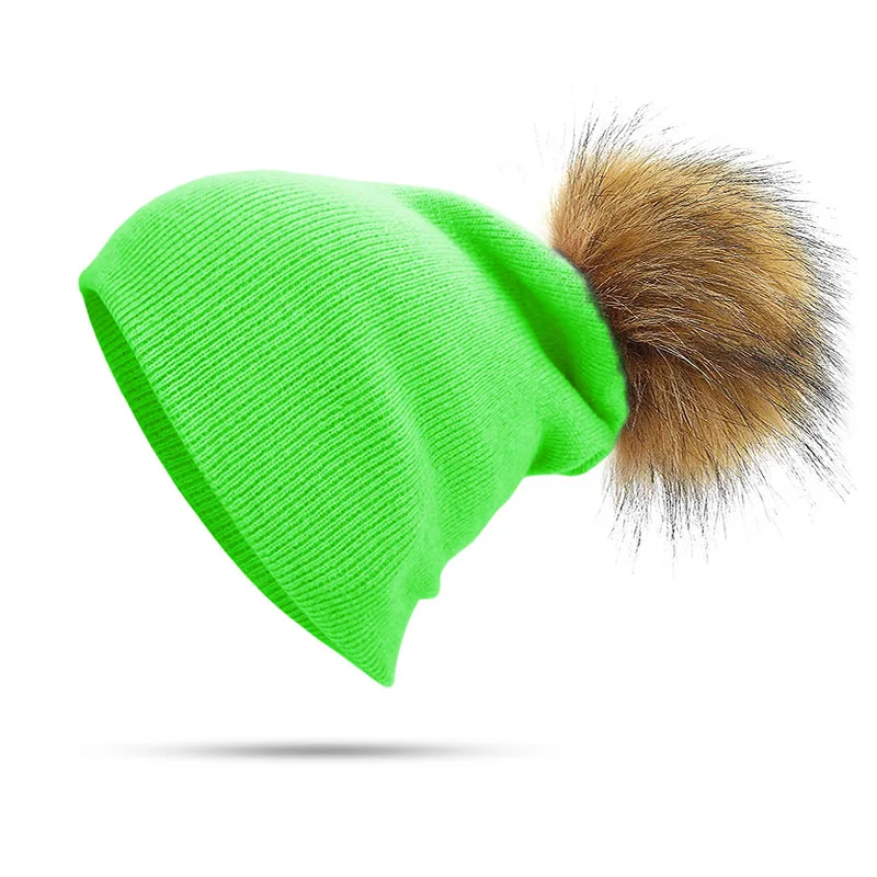 Fluorescent green Новые женские шапки бини из искусственного меха с помпонами, модные вязаные шапки для девочек и женщин, шапка с помпоном, зимняя женская шапка Skullies Bones - Цвет: Fluorescent green