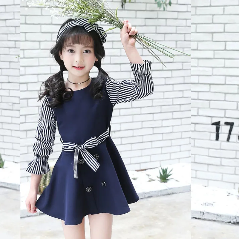 Детские платья с длинными рукавами на весну-осень 2018 детские в полоску для