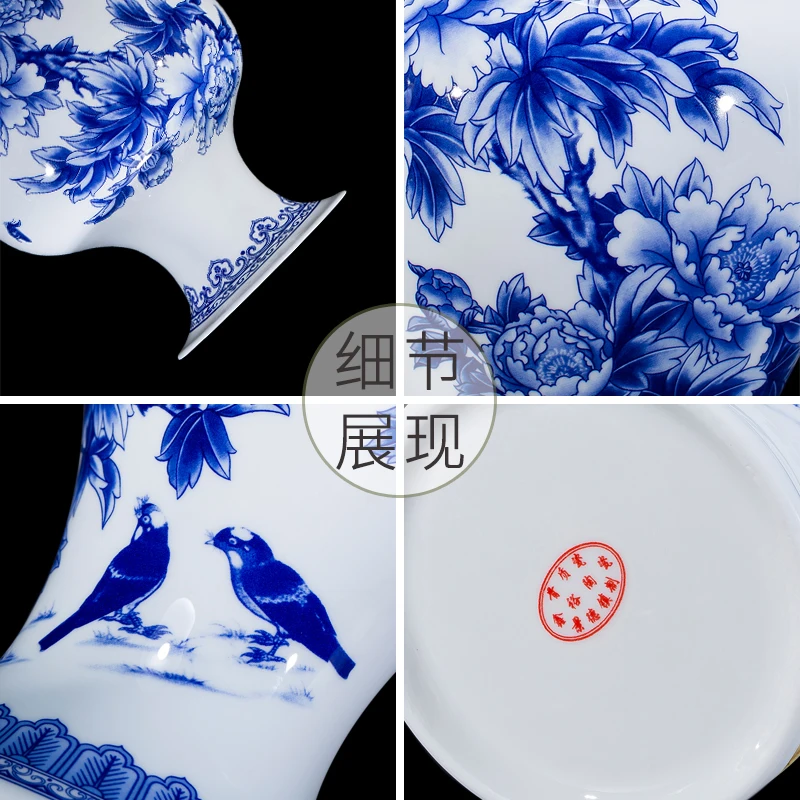 Фарфоровая сине белая ваза с пионами керамическая Jingdezhen для цветов предметы