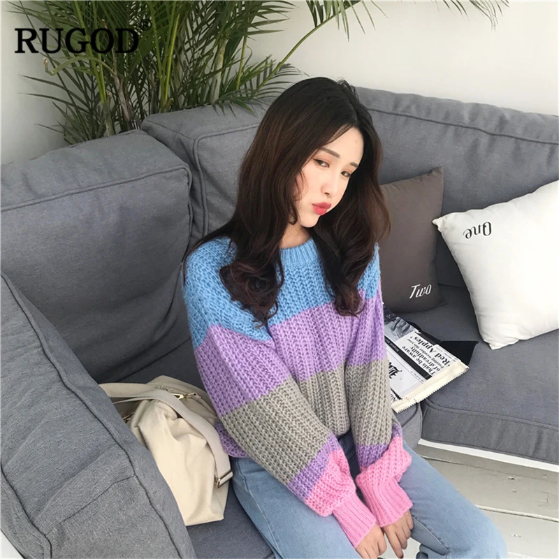 RUGOD женский свитер с круглым вырезом Повседневный Полосатый пуловер женские
