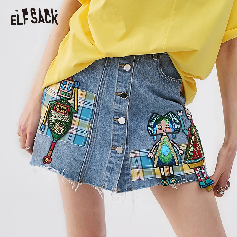 Женская джинсовая юбка ELF SACK голубая повседневная со средней посадкой с вышитым