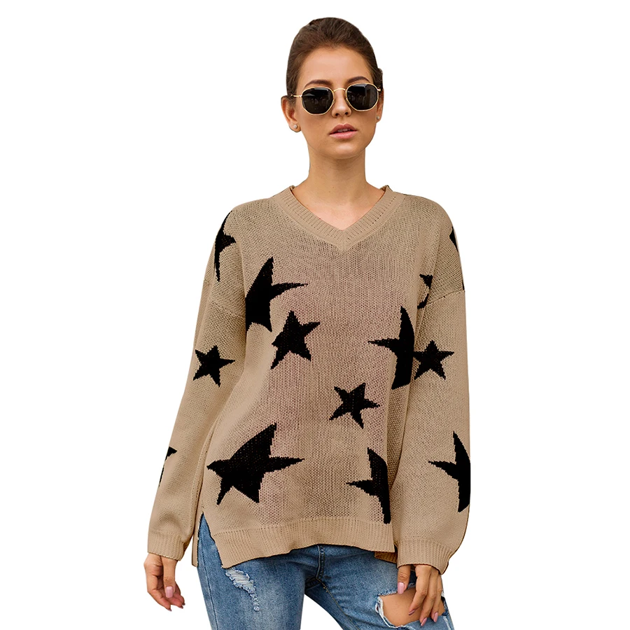 Womens Autumn Sweater Pentagram Star Knit V-neck Long Sleeve Loose Japan Woman Sweaters Female Pullovers Tops VD31001 | Женская одежда