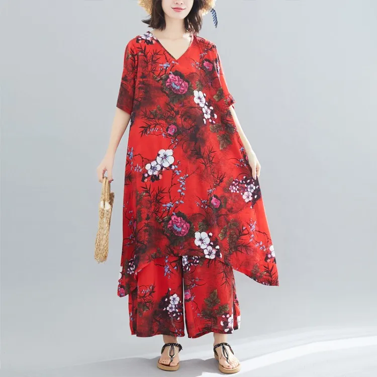 Женские свободные комплекты с цветочным принтом топы короткими рукавами длинные