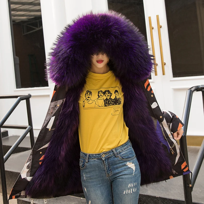 Новая модная женская подкладка из лисьего меха енота средней длины Шуба Паркер