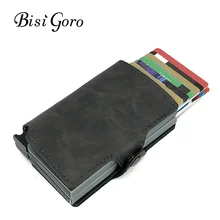 BISI GORO 2019 Men And Women 2 Metal Credit Card Holder Aluminium RFID Blocking PU Wallet Hasp Mini Vintage Wallet Hold 14 Cards