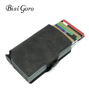bisi goro 2019 men and women 2 metal credit card holder aluminium rfid blocking pu wallet hasp mini vintage wallet hold 14 cards free global shipping