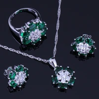 impressive green cubic zirconia white cz silver plated jewelry sets earrings pendant chain ring v0235