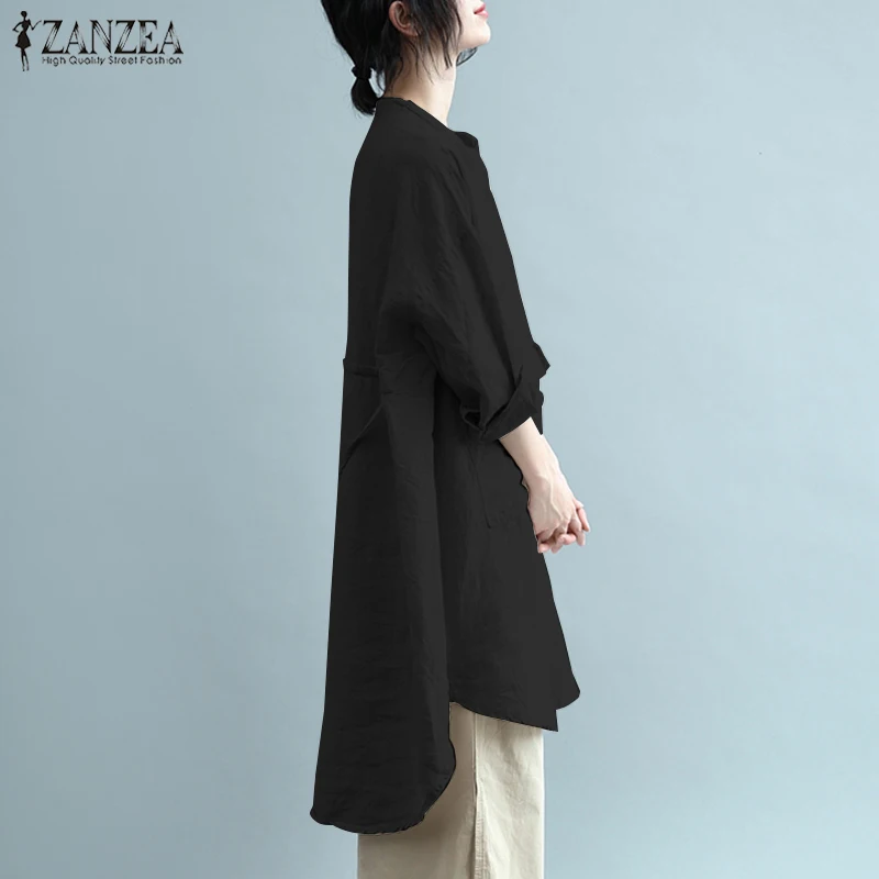 Топ женский с длинным рукавом воротник мандарин блузка ZANZEA Осень Blusas Женская хлопковая льняная Повседневная рубашка с большими карманами размера плюс