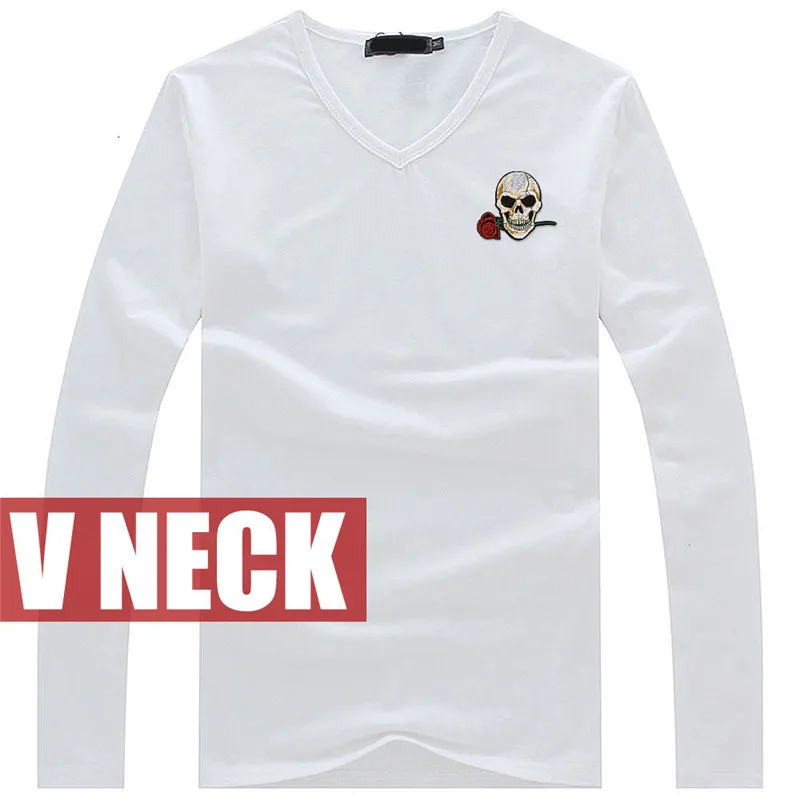 QZXZSM Fashion Autumn New Rose Skull Embroidery Cotton T-shirts Men's Long Sleeve V-neck Casual T-shirt Мужская одежда