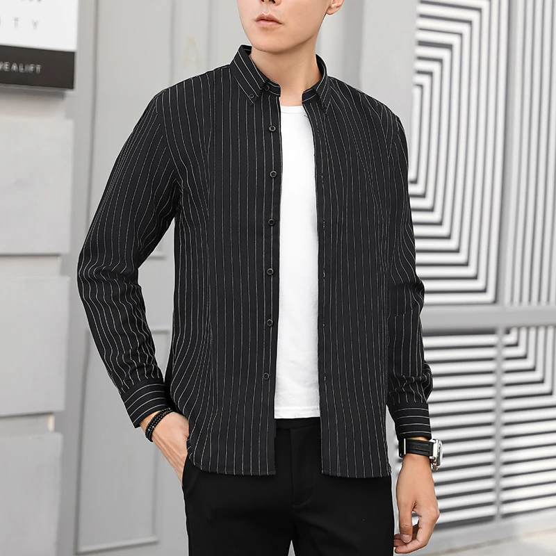 Мужская приталенная рубашка в полоску белая черная синяя серая Повседневная