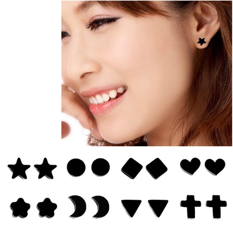 

SexeMara 1Pair Clip On Earrings Magnet Black Korean Geometric Heart Jhumka Circle Small Star Clip Earrings Without Piercing Mens