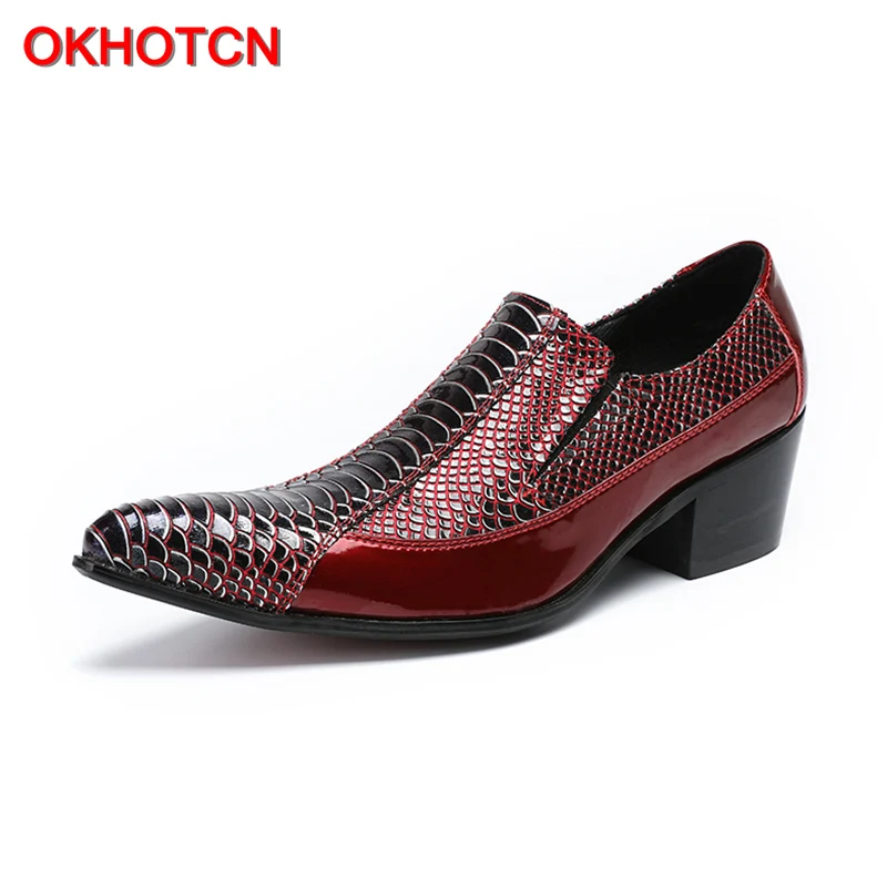 

OKHOTCN New arrival red genuine leather man shoes crocodile grain man formal dress business party wedding shoes point toe