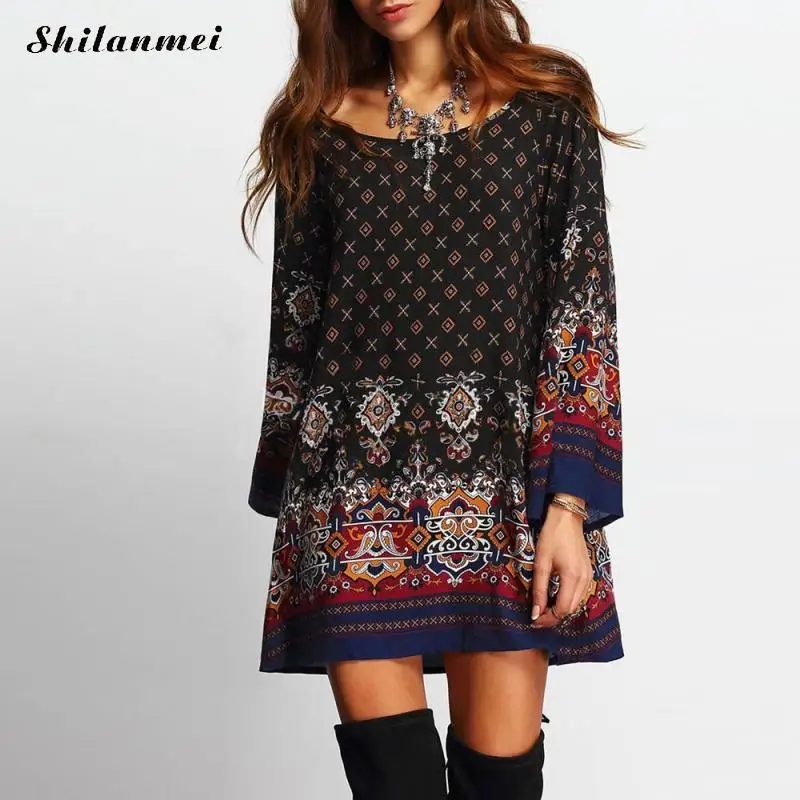 Платье трапециевидной формы с сексуальным цветочным принтом Dashiki 1970 s черные