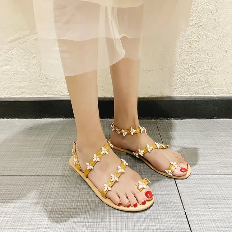 Сандалии женские с цветами и стразами удобная летняя обувь шлепанцы Гипсофила