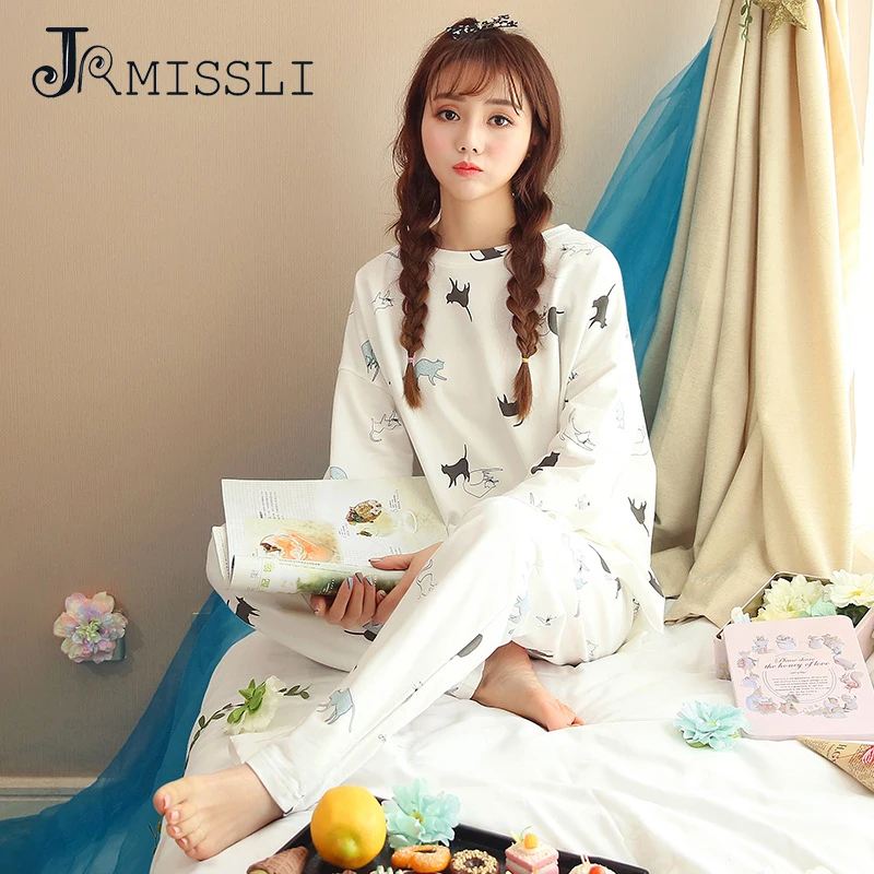 

JRMISSLI Korean Style Cotton Print Pajamas Sets Women 100% Cotton Carton Fashion Women Long Sleeve Sleepwear Suit 2 piece Sexy