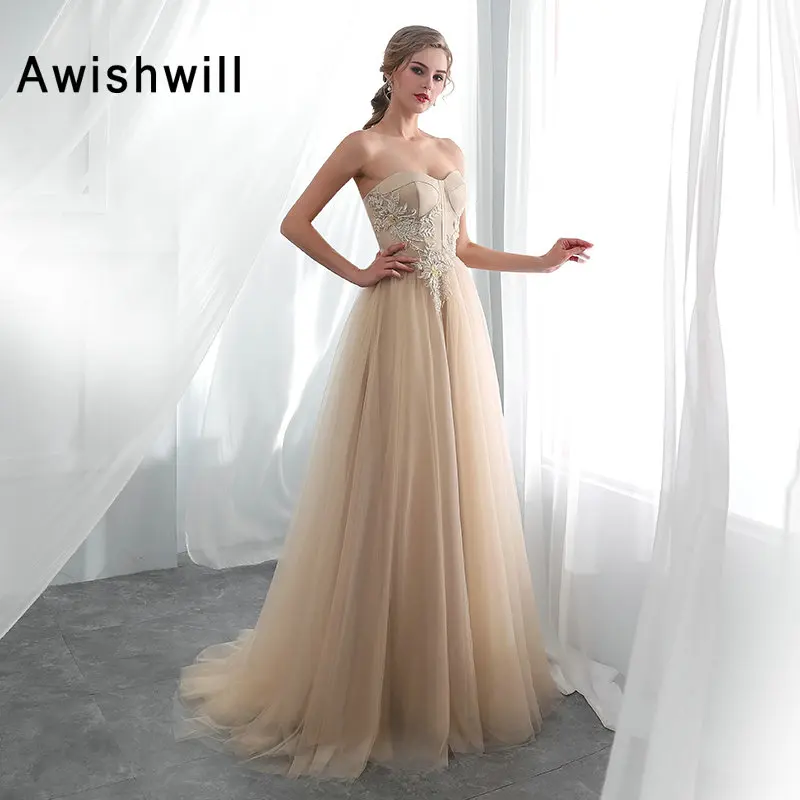 2020 Vestido De Festa Champagne Long Evening Dress Beads Satin Tulle Cheap Prom Dresses Abendkleider Formal Gown Real Sample | Свадьбы и