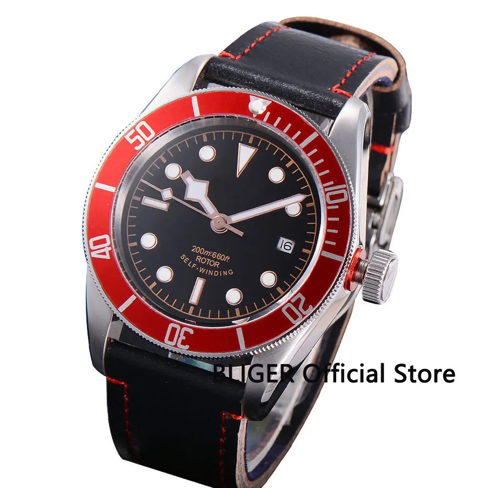 41mm BLIGER Automatic men's watch black sterile dial sapphire glass red bezel 20ATM 21 jewels MIYOTA movement BC16 | Наручные часы