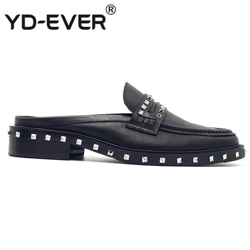 Mules Black Half Cow Skin Runway Fashion Metal Men Shoes Italy Brand Large Size Sandals Rivet British Style Custom Stud Slides | Обувь