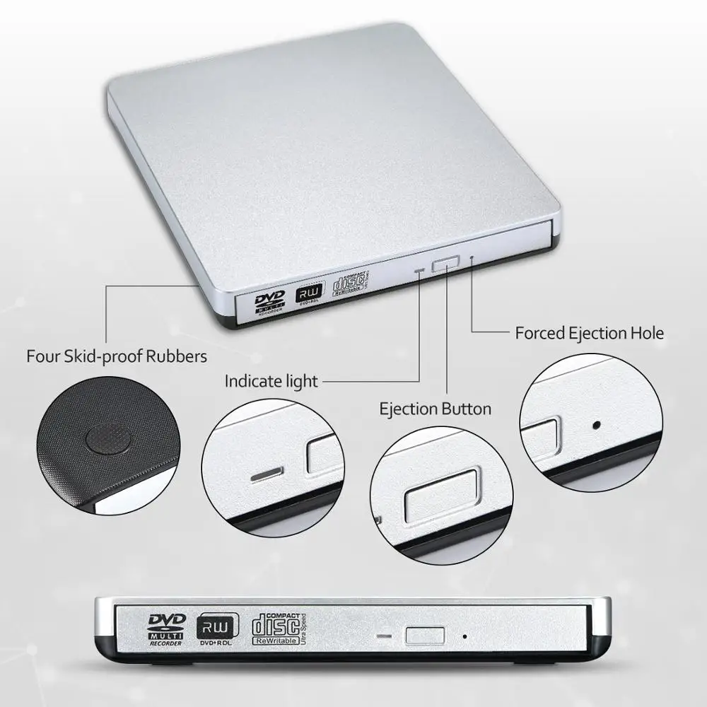 YiYaYo внешний CD привод USB 2,0 DVD RW горелки Писатель Оптический привод CD rom плеер для Windows 7/8/10/XP/Mac OS ноутбука