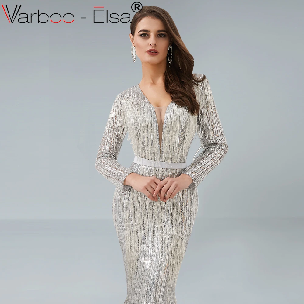 Женское вечернее платье с блестками VARBOO_ELSA Серебряное длинными рукавами и