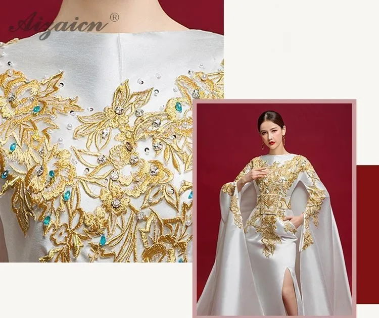 Новая мода шлейфом Cheongsam современный белый длинное вечернее платье Для женщин китайское платье Qipao Oriental Стиль хост Qi Pao