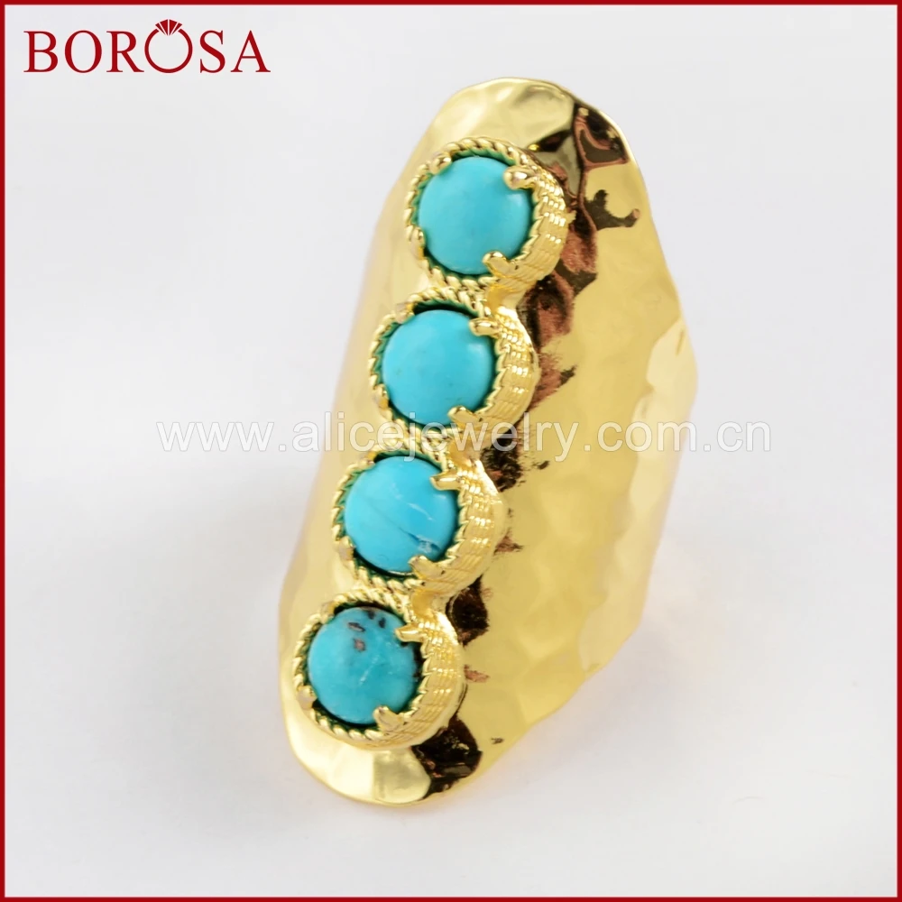 

BOROSA 5PCS Gold Color Round Four Natural Turquoises Band Ring Druzy Bezel Claw Natural Blue Stone Ring Jewelry for Women ZG0337