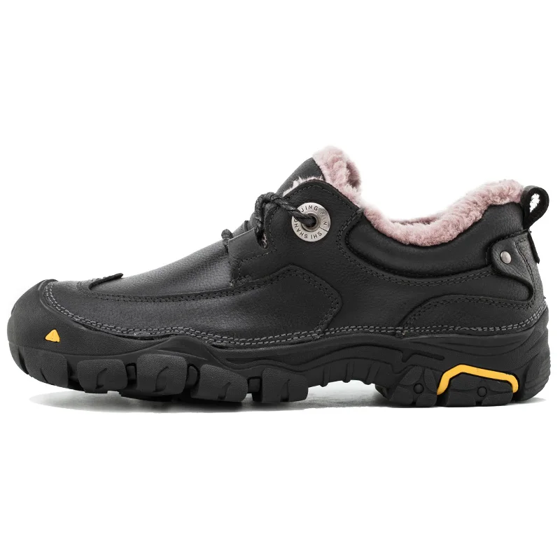 Black With Fur Shoes VESONAL/качественная зимняя Уличная обувь из натуральной кожи для пеших прогулок; повседневная мужская обувь для взрослых; теплые короткие плюшевые кроссовки; мужская обувь - Color: Black With Fur Shoes