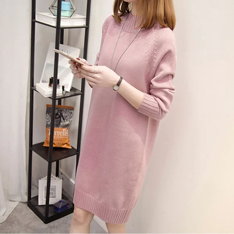 Autumn Winter Women Long Sweater 2019 New Loose Half Turtleneck Sleeve Knit Pullover Female Casual Large Size AA267 | Женская одежда