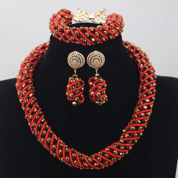Новинка бронзовое золотое ожерелье с кристаллами набор красных бисера
