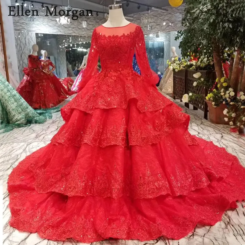 Фото Элегантные красные свадебные платья с длинными рукавами юбка-фонарик пышные