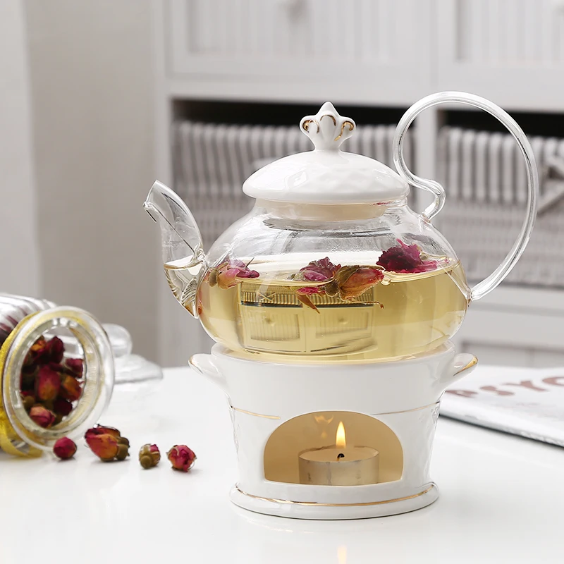 

Новый Цветочный чайник с подогревом в виде свечи и подставкой в Европейском стиле, керамические чайники и блюдца для послеобеденного стола, набор для черного чая
