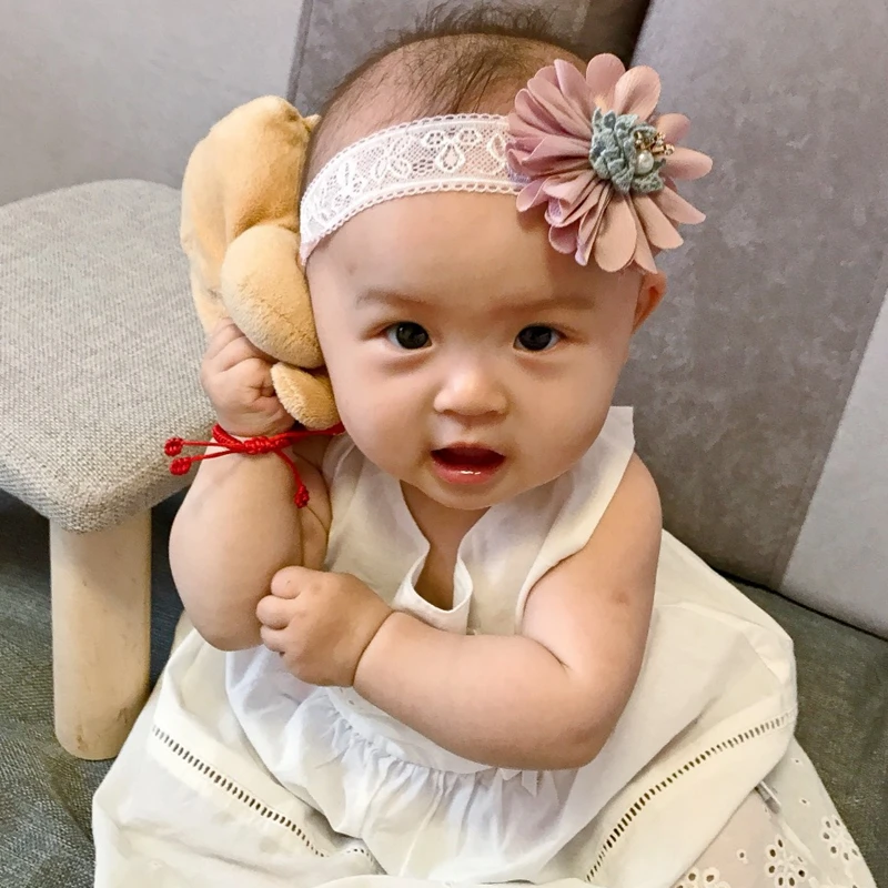 Baby Headbands Girls Big Flower Head Band Kids Lace Elastic Headwear Toddler Pearl Crown Headwrap Newborn Cute Photo Props | Детская