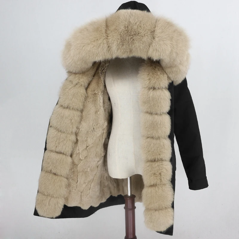 black beige E Длинная парка OFTBUY, водонепроницаемая верхняя одежда, пальто с натуральным мехом енота, Воротник из лисьего меха, капюшон, подкладка из кроличьего меха, Толстая теплая уличная одежда - Цвет: black beige E