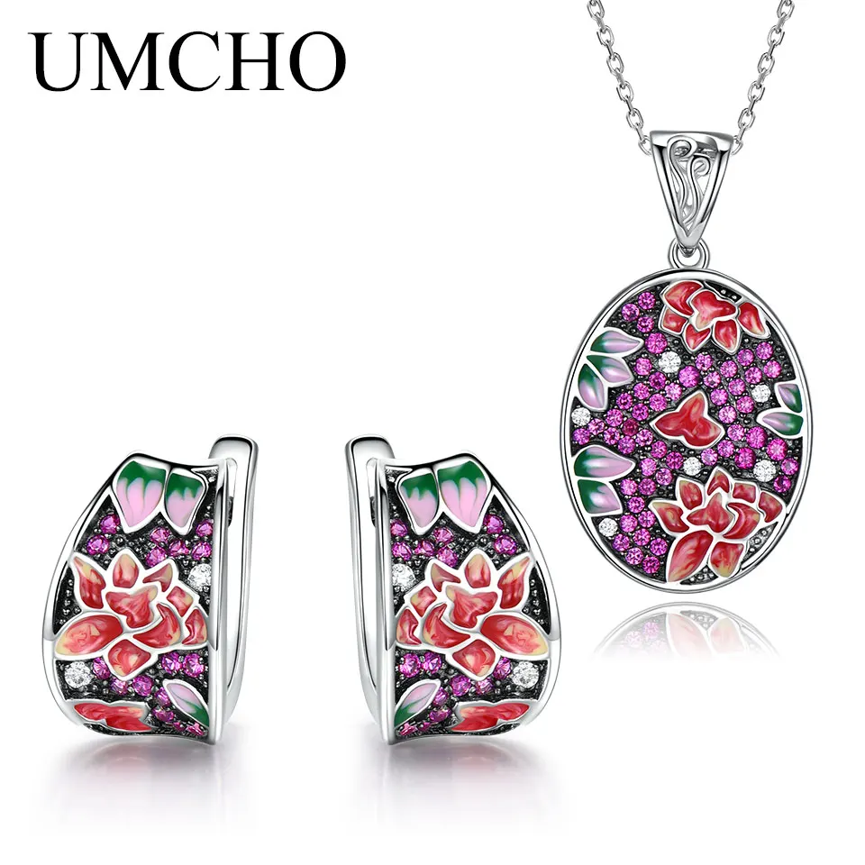 UMCHO 925 пробы серебряные изумруд ювелирные наборы для женщин драгоценный камень кольцо кулон ожерелье для женщин Свадебная вечеринка подарок ювелирные изделия - Цвет камня: Jewelry Set