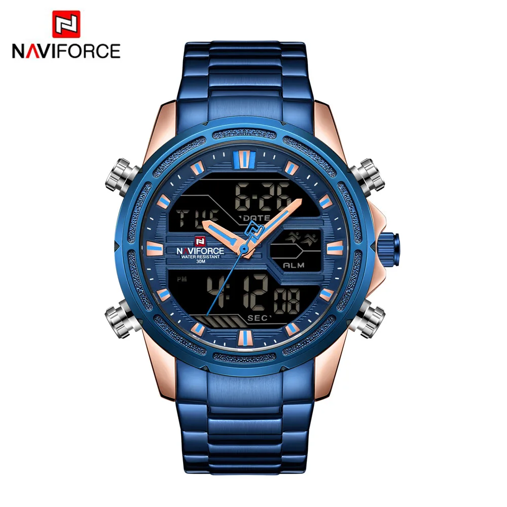 NAVIFORCE Мужские кварцевые аналоговые часы Роскошные модные спортивные наручные часы водонепроницаемые черные мужские часы из нержавеющей стали светодиодный Relogio Masculino - Цвет: Синий