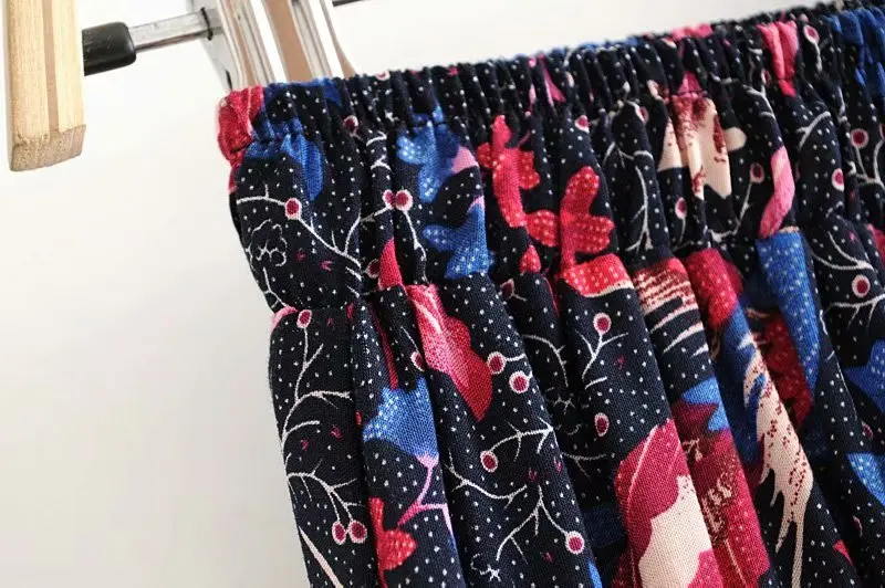 Vintage chic women Hippie birds floral print beach Bohemian pleated skirt High Elastic Waist Maxi A-Line Boho Skirt Femme
