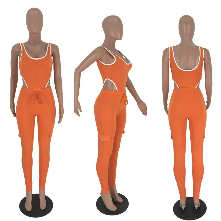 

Neon Green Orange Sexy 2 Piece Set Women Sweat Suit Beach Romper Bodysuit Top+Pant Club Outfits Matching Sets
